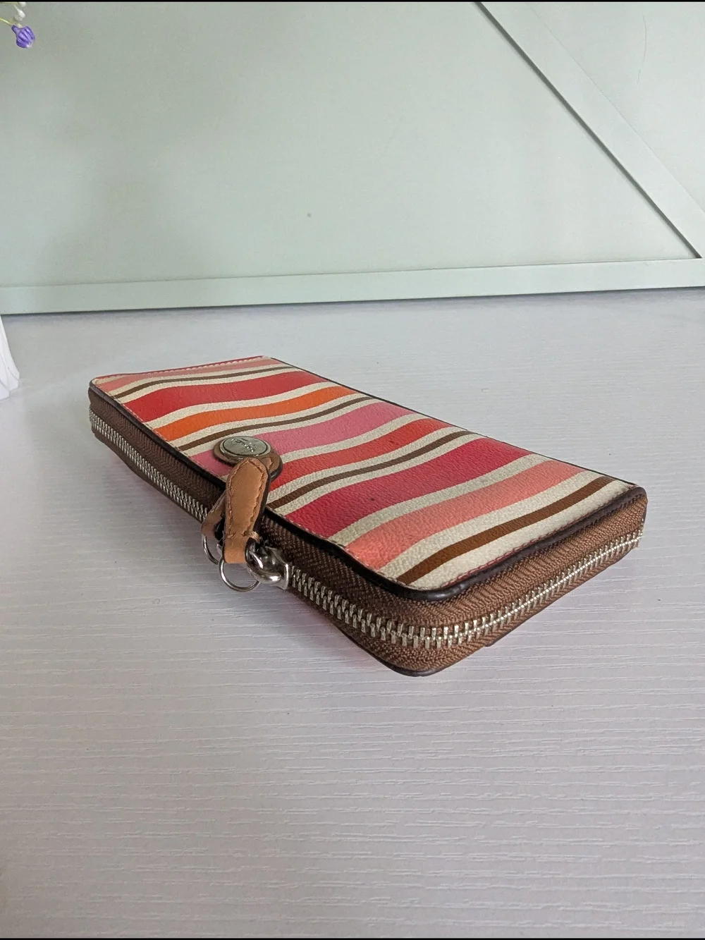 Coach Striped Zip Wallet in Pink, Red, Orange, Brown